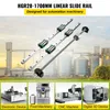 Linear slide rails and ball screw assemblies are displayed against a background of industrial silos. Below, four smaller images showcase different applications: an electronic device, food machinery, a CNC machine, and a digital 3D device. Produktbild-Vorschau