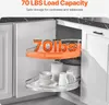 A corner cabinet organizer with two tiers, filled with kitchenware, is shown inside a white cabinet. Text overlays indicate the load capacity. Voir les images du produit
