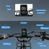 Close-up view of an electric bicycle's handlebars and display, with labels pointing out various features. Produktbild-Vorschau