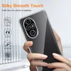 A hand holding a clear phone case on a phone, with feature icons and text overlays. Produktbild-Vorschau