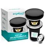 A product shot of a black pop-up drain assembly with packaging in the background. Produktbild-Vorschau