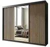 A wardrobe with mirrored doors and slatted wooden panels, reflecting a bedroom interior. Produktbild-Vorschau