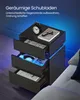 A dark wood bedside table with three open drawers, illuminated by blue LED lights, placed next to a bed. Produktbild-Vorschau