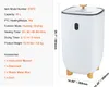A white towel warmer with wooden legs and a wooden knob on top, shown next to a product information card. Voir les images du produit
