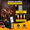 A marketing image showcasing a gas forge with various features highlighted by text overlays and diagrams. Voir les images du produit