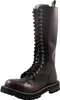 A single black and burgundy leather boot with black laces and a thick black sole, shown from the side against a white background.
