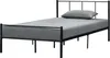 A black metal twin bed frame with a gray mattress and pillow against a white background. Produktbild-Vorschau