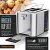 A toaster with a bread roll attachment, surrounded by various types of bread and marketing text. Produktbild-Vorschau