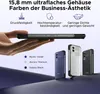A hand holding a smartphone, with three other smartphones displayed in different colors below, and text describing features. Produktbild-Vorschau