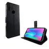 A black flip case for a Huawei P Smart 2019 phone is shown, with the phone inside and open, displaying its screen. Produktbild-Vorschau