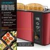 A red toaster with toast in it, shown with a graphic overlay detailing its features and a collage of toast dishes. Produktbild-Vorschau