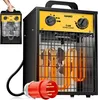 A close-up studio shot of a black and yellow electric heater with glowing orange heating elements and a red power plug in the foreground. A smaller inset image shows the heater being carried by a hand. Produktbild-Vorschau