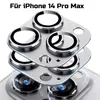 A product shot of camera lens protectors for an iPhone 14 Pro Max, stacked on top of each other, with the phone's camera lenses visible underneath. Produktbild-Vorschau