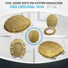 A collage of images showcasing a toilet seat with a leaf pattern from different angles, including a close-up view. Produktbild-Vorschau