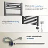 Collage of images showing a radiator, its heating element, and a close-up of the heating element's cable and control unit. Voir les images du produit
