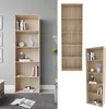 A collage of two images showing a tall, narrow bookshelf with several shelves, some of which are filled with books and decorative items. The bookshelf is made of a light wood-like material. Voir les images du produit