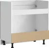 A white kitchen cabinet base unit with a wood-effect plinth and black legs, shown from the front-side. Náhled obrázku produktu