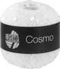 A ball of white yarn with sequins, with a black label wrapped around it. Produktbild-Vorschau