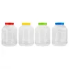 Four clear plastic bottles with colored screw-on lids are lined up against a white background. Podgląd zdjęcia produktu