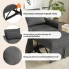 A close-up view of a gray sofa bed with informational callouts highlighting its features. Podgląd zdjęcia produktu