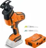 A cordless reciprocating saw with accessories and a case, presented on a white background. Produktbild-Vorschau