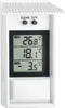 A white digital thermometer with a protective roof-like cover. Produktbild-Vorschau