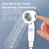 A hand is shown pressing a button on a portable shower head with a brush attachment, with water spraying out. Produktbild-Vorschau
