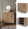 A collage of images showcasing a wooden cabinet with a ribbed door design, presented in different angles and settings. Produktbild-Vorschau