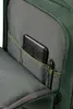 Close-up view of the interior of a green backpack, showing organizational pockets with a smartphone and a pen inside. Produktbild-Vorschau