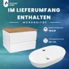 A bathroom vanity and sink are displayed with text overlay describing the product. Produktbild-Vorschau