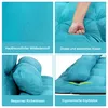 A collage of four images showcasing different features of a blue sofa bed. Produktbild-Vorschau