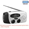 A silver and black emergency radio with an extended antenna, displayed against a white background. Text overlays describe its features. Produktbild-Vorschau