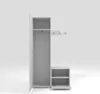 A white wardrobe with an open door, showing shelves and a hanging rod, and a small bench with shelves below. Produktbild-Vorschau