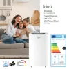 A family is happily interacting on a couch in a living room, with a portable air conditioner unit and an energy label displayed next to them. Produktbild-Vorschau