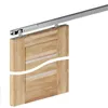 A wooden sliding door with a metal track and roller system. Produktbild-Vorschau