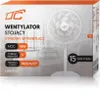 The image shows the packaging of a white stand fan, with product specifications and branding visible. Voir les images du produit