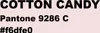 The image displays text related to a product color, including the name 'COTTON CANDY', a Pantone code, and a hex code. Náhľad obrázku produktu