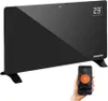 A black glass convector heater is shown with a smartphone in hand displaying a control app. Anteprima dell’immagine prodotto