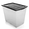 A clear studio shot of a large, translucent plastic storage box with a black lid, set against a white background. Produktbild-Vorschau