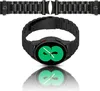 A black metal watch band and a black smartwatch with a green watch face are displayed against a white background. Produktbild-Vorschau