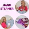 Collage of images showcasing a hand steamer and its use on clothing. Produktbild-Vorschau