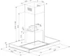 A technical drawing with dimensions of a range hood. Náhľad obrázku produktu