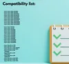 A list of compatible printer models is displayed on a light blue background, next to a stylized notepad with checkmarks. Anteprima dell’immagine prodotto