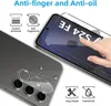 A hand is shown applying a screen protector to a smartphone, with icons highlighting features. Produktbild-Vorschau