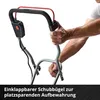 A person's hands are shown adjusting the handle of a garden tool, with text overlay indicating a folding handle for space-saving storage. Produktbild-Vorschau