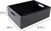 A black wooden storage box with handles is shown with dimensions indicated by text overlays. Produktbild-Vorschau
