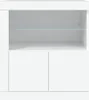 A white sideboard with glass shelving and two lower cabinets, presented in a studio setting. Voir les images du produit