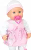 A baby doll wearing a pink dress and white hat, with a pacifier in its mouth. Podgląd zdjęcia produktu