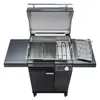 A black electric grill with its lid open, showing the cooking grates and heating element. It has side shelves and a control knob. Produktbild-Vorschau
