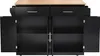 A black kitchen island with a wooden top, shown with its doors and drawers open. Voir les images du produit
